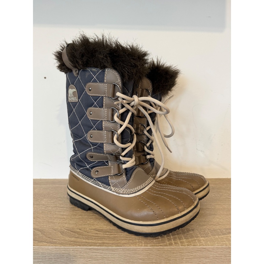Sorel Tofino Navy Blue Tan Quilted Faux Fur Waterproof Winter Boots Womens 7